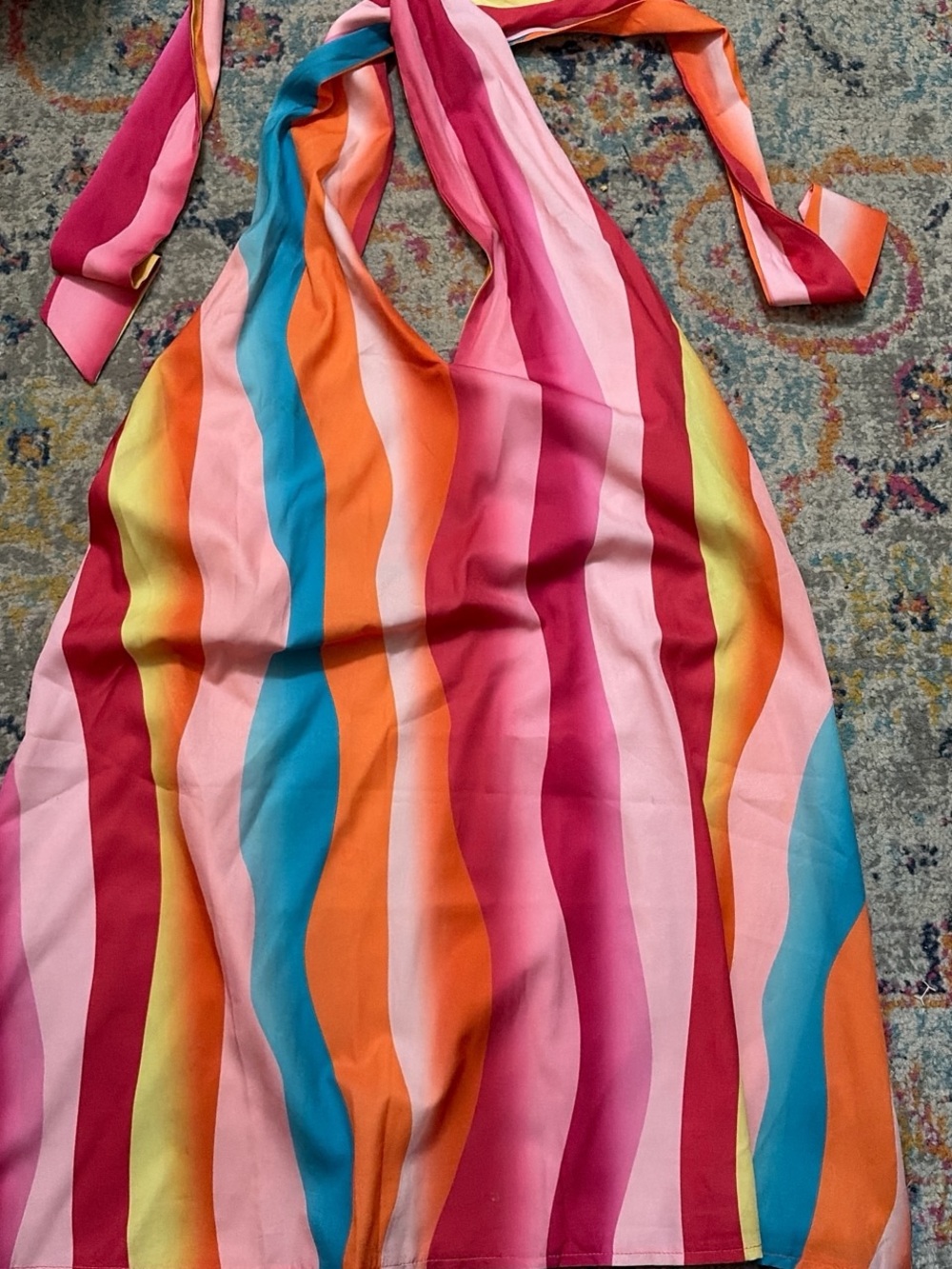 Zara Multicolor Stripe Halter tie Dress - Pink, Orange, Blue, Yellow, Red